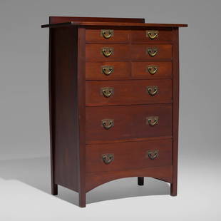 Gustav Stickley, Exceptional chest of drawers: Gustav Stickley Exceptional chest of drawers, model 913 USA, c. 1908mahogany, brass 50.25 h x 36 w x 20 d in (128 x 91 x 51 cm) This form was influenced by Harvey Ellis's other designs for the