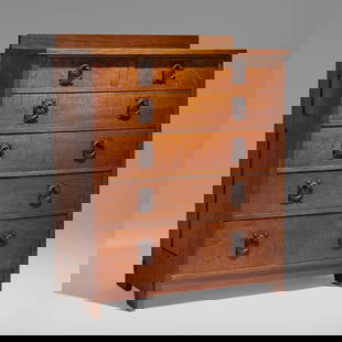Gustav Stickley, Chest of drawers, model 906: Gustav Stickley Chest of drawers, model 906 USA, c. 1904-07oak, iron 48 h x 40 w x 20.5 d in (122 x 102 x 52 cm) Chest features six drawers. Red manufacturer's decal to top drawer interior 'Al