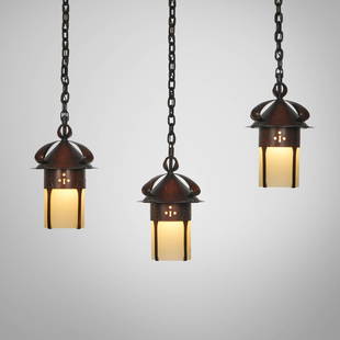 Michael Adams, Aurora Studios, Hanging lanterns: Michael Adams for Aurora Studios Hanging lanterns, set of three USA, c. 2000handwrought copper, glass each: 38 h x 7 dia in (97 x 18 cm) These well-crafted hanging lanterns are reproductions o