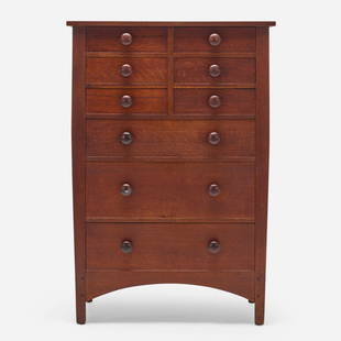 Gustav Stickley, Chest of drawers, model 913: Gustav Stickley Chest of drawers, model 913 USA, c. 1908oak 48 h x 33 w x 19 d in (122 x 84 x 48 cm) Chest features nine drawers. Red manufacturer's decal to top drawer 'Als Ik Kan Gustav Stic