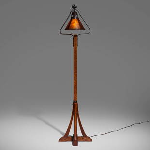 Michael Adams for Aurora Studios, Floor lamp: Michael Adams for Aurora Studios Floor lamp USA, c. 2000oak, copper, mica 56.25 h x 14 w x 14 d in (143 x 36 x 36 cm) Impressed manufacturer's mark to stem 'Michael Adams Aurora Studios'.