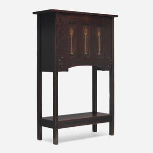 Gustav Stickley, Inlaid ladies' desk: Gustav Stickley Inlaid ladies' desk, model 724 variant USA, c. 1905oak, fruitwood, copper, pewter, iron 46.25 h x 32 w x 12 d in (117 x 81 x 30 cm) This Harvey Ellis-influenced desk features a