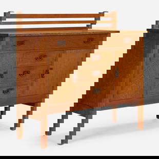 Gustav Stickley, Sideboard, model 816: Gustav Stickley Sideboard, model 816 USA, c. 1912-16oak, copper, ooze leather 45.5 h x 48 w x 18.5 d in (116 x 122 x 47 cm) Cabinet features four drawers and two doors concealing open storage.