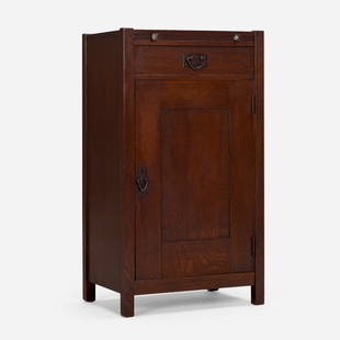 Gustav Stickley, Cellarette, model 87: Gustav Stickley Cellarette, model 87 USA, c. 1905oak, copper, iron 39.5 h x 22 w x 16 d in (100 x 56 x 41 cm) Cellarette features one copper-lined pull-out tray, one drawer, and one door conce