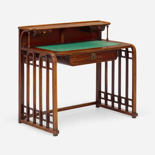 Josef Hoffmann, Desk, model 500/6: Josef Hoffmann Desk, model 500/6 J. & J. KohnAustria, 1906lacquered oak, felt, brass, glass 38 h x 42.5 w x 23.5 d in (97 x 108 x 60 cm) Desk features three drawers. Prove