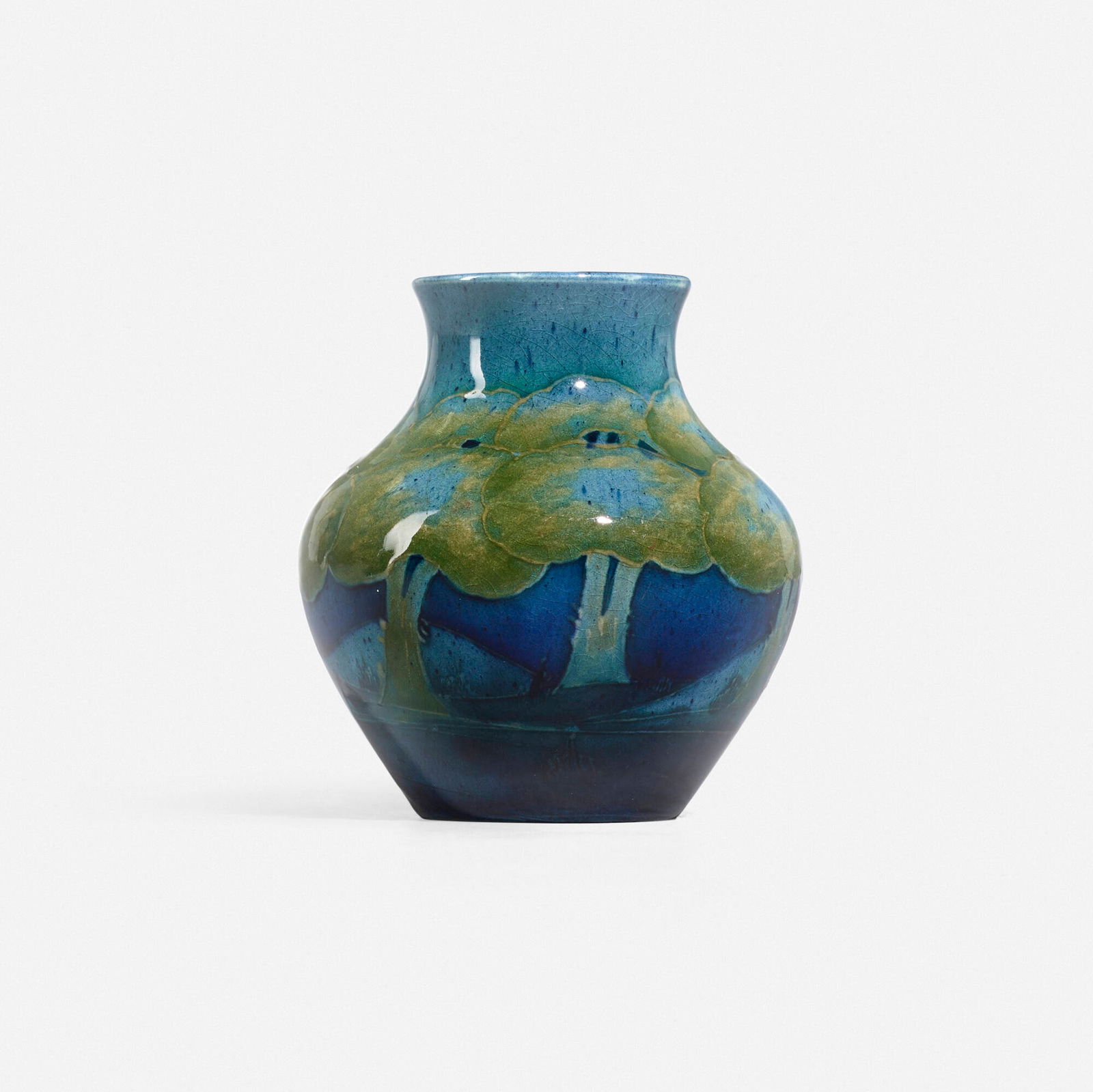 Moorcroft Pottery, Moonlit Blue vase: Moorcroft Pottery Moonlit Blue vase England, c. 1918-1929glazed earthenware 3.375 h x 3 dia in (9 x 8 cm) Impressed manufacturer's mark and number to underside 'Moorcroft Made in England 5' wi