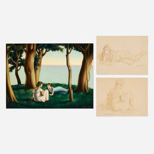 Clarence H. Carter, Evening by the Lake, Studies: Clarence Holbrook Carter Evening by the Lake; Seated Figure (Study #1); Mary for Evening by the Lake (Study #2) (three works) 1931 oil on canvas; colored pencil on paper painting: 24 h x 32.25 w in