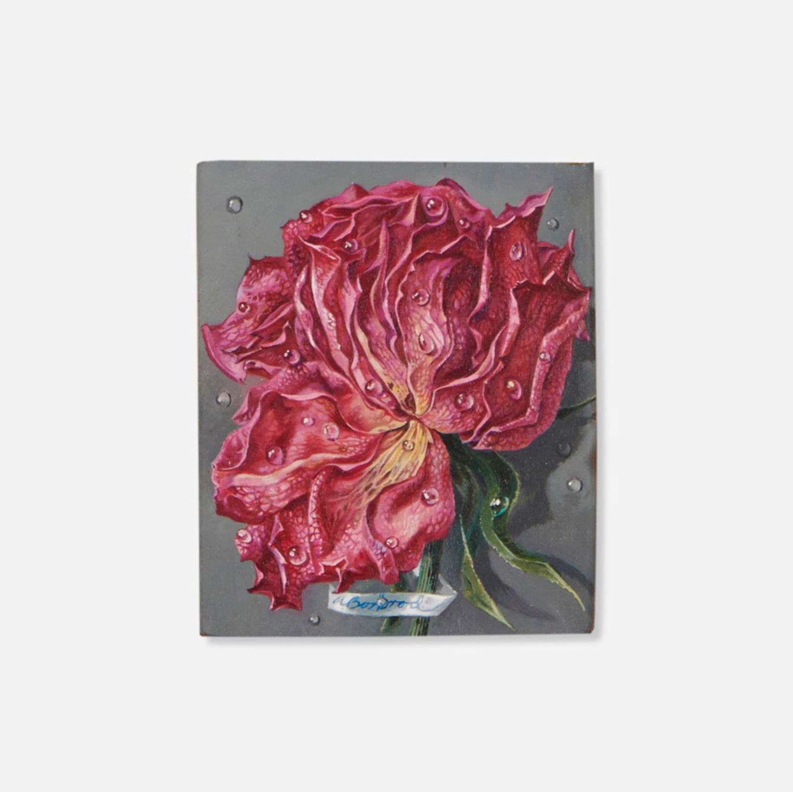 Aaron Bohrod, Old Rose: Aaron Bohrod Old Rose 1958oil on gesso board sight: 4 h x 3.375 w in (10 x 9 cm) Signed to lower edge 'A. Bohrod'. Signed, titled and dated to frame verso 'Old Rose Aaron Bohrod 1958'.