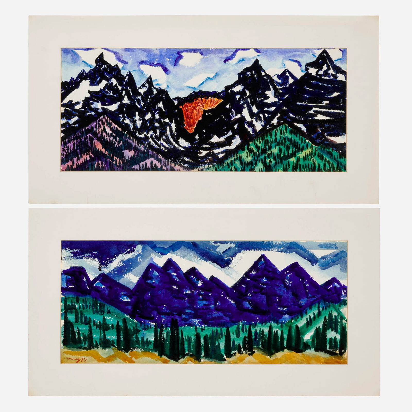 Charlotte Howard, Mountain Landscape (two works): Charlotte Howard Mountain Landscape (two works) 1959watercolor on paper each: 10.125 h x 22 w in (26 x 56 cm) Signed and dated to lower left of one work 'C. Howard 59'. Thi