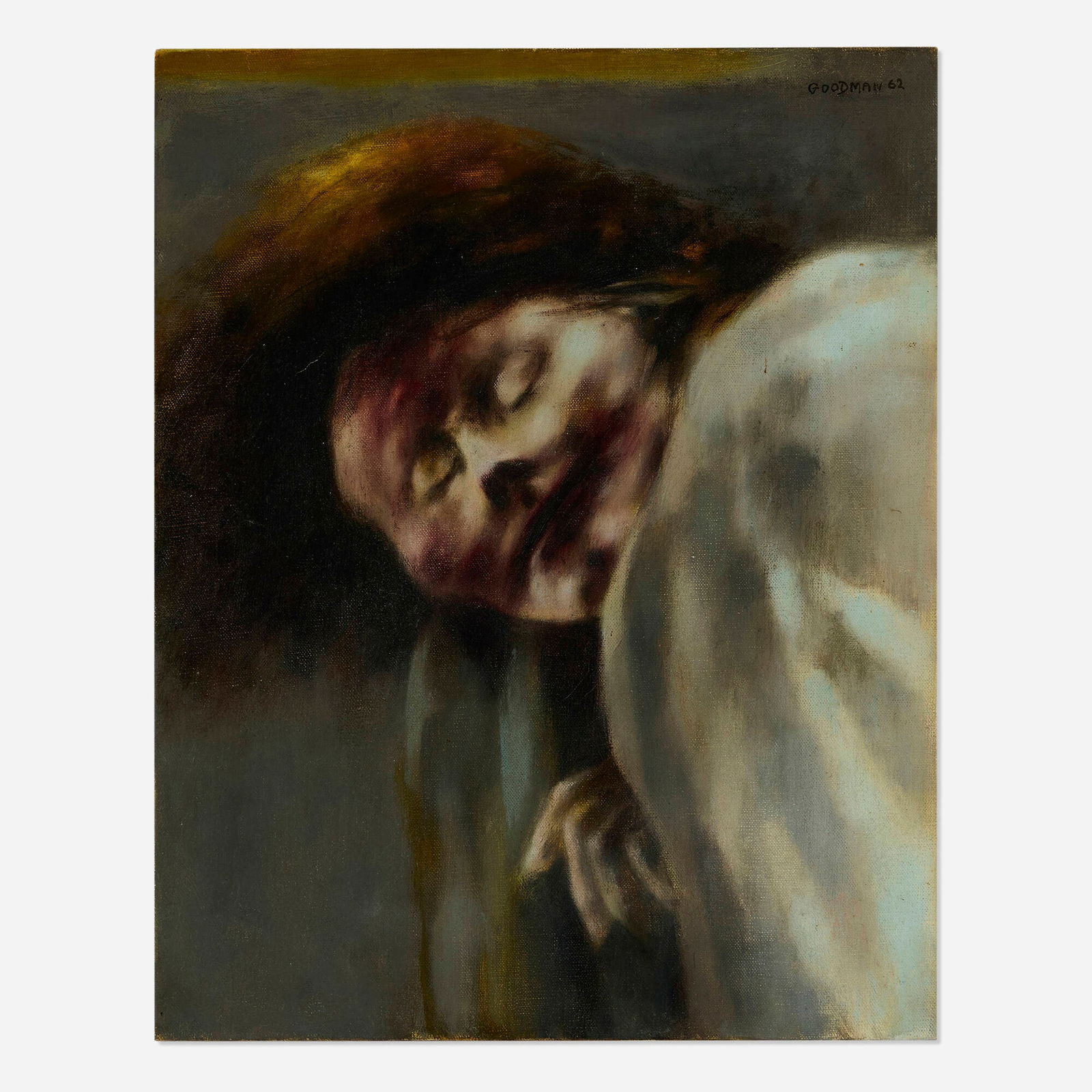 Sidney Goodman, The Sleeper (Pam McCabe): Sidney Goodman The Sleeper (Pam McCabe, The Artist's Wife) 1962oil on canvas 15 h x 12 w in (38 x 30 cm) Signed and dated to upper right 'Goodman '62'. Titled to verso 'The Sleeper'.