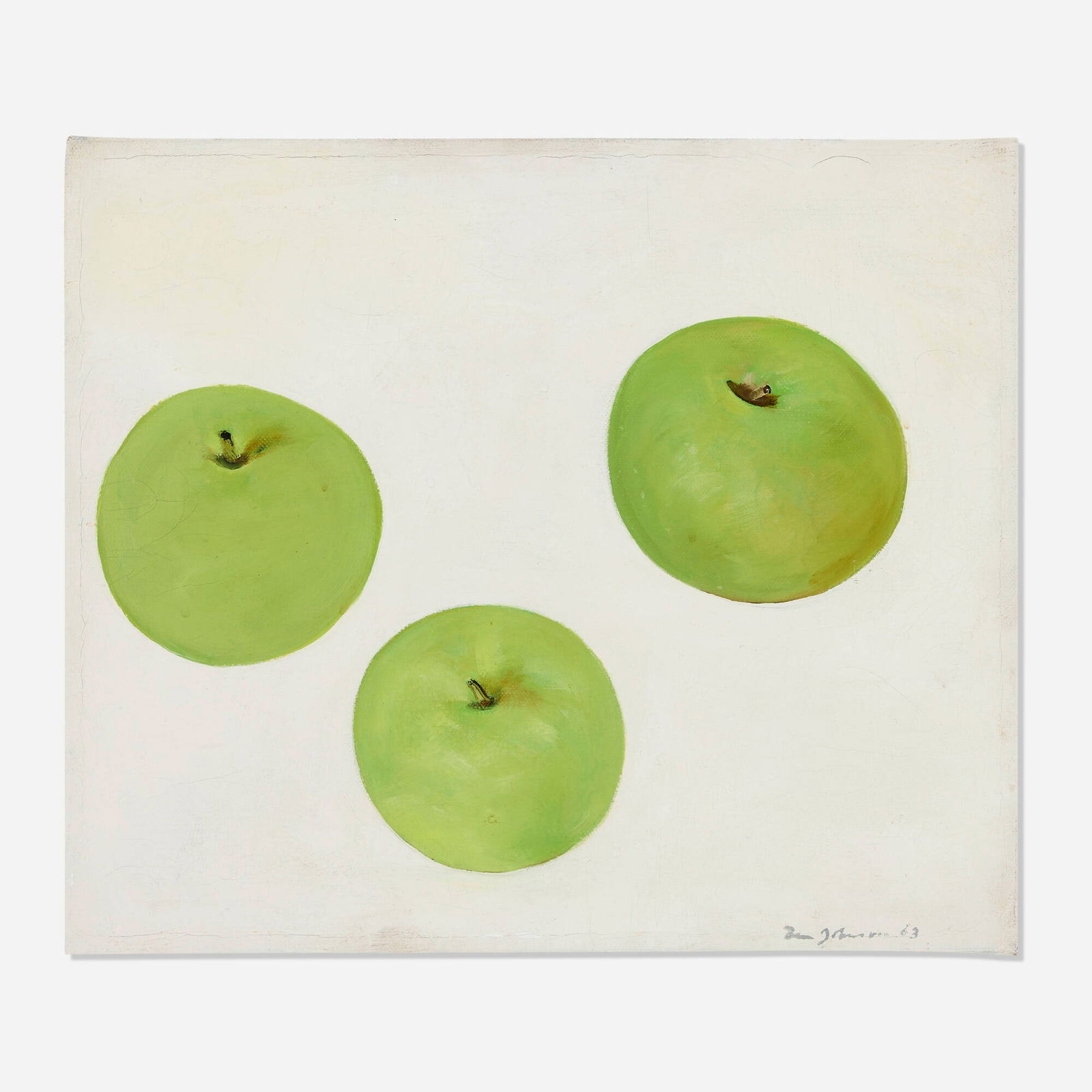 Ben Johnson, Three Green Apples: Ben Johnson Three Green Apples 1963oil on canvas 11.75 h x 13.625 w in (30 x 35 cm) Signed to lower right 'Ben Johnson'. Provenance: Gallery 63, New York | Property fro