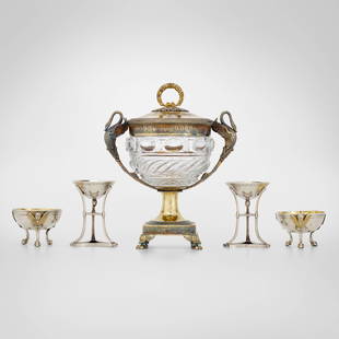 19th Century, Tabletop accessories: 19th Century Collection of five tabletop accessories 1803, 1832-1872 .812 silver, .834 silver parcel-gilt, silver gilt, cut glass 9.75 h x 8 w x 5.25 d in (25 x 20 x 13 cm) 3.75 h x 2.75 w x 2.5 d