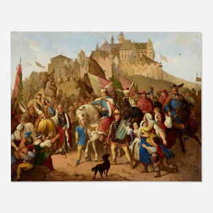 After Henrik Weber, King Matthias Corvinus: After Henrik Weber King Matthias Corvinus's Arrival into Buda Castle in 1495 c. 1855 oil on board sight: 22 h x 28 w in (56 x 71 cm) Signed and partially dated to lower right 'Bauer 855'. 