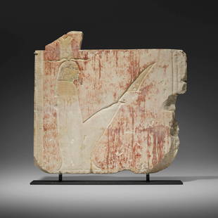 Egyptian, Architectural fragment, 26th Dynasty: Egyptian Architectural fragment, 26th Dynasty 664-525 B.C. limestone relief 19.5 h x 21 w x 1.625 d in (50 x 53 x 4 cm) base: 17.5 h x 20.5 w x 4.5 d in (44 x 52 x 11 cm) Provenance: Ernst and