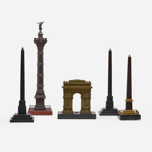 French, Collection of five Grand Tour models: French Collection of five Grand Tour models late 19th centurybrass, patinated brass, granite, stone largest: 26 h x 6.75 w x 6.75 d in (66 x 17 x 17 cm) smallest: 10.375 h x 10.125 w x 6.375 d in