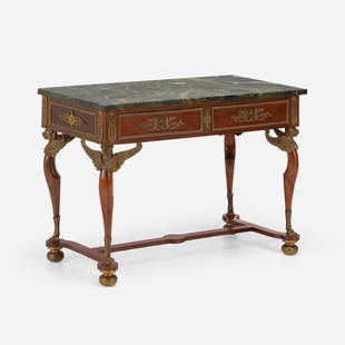 French Empire Style, Console table: French Empire Style Console table 19th centurymahogany, marble, ormolu, brass 31.5 h x 44 w x 22 d in (80 x 112 x 56 cm) Table features Egyptian Revival motifs. This work w