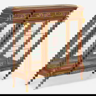 Louis XVI Style, Vitrine: Louis XVI Style Vitrine France, late 19th century mahogany, glass, brass, ormolu, velvet, mirrored glass 50 h x 51 w x 16 d in (127 x 130 x 41 cm) Vitrine features three doors concealing two snug