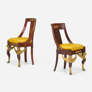 French Empire Style, Chairs, two: French Empire Style Chairs, two 19th century mahogany, ormolu, suede leather, brass 33.5 h x 19 w x 16 d in (85 x 48 x 41 cm) Chairs feature Egyptian Revival motifs. This work will ship from