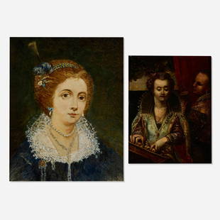 19th Century, two works: 19th Century Portrait of Salome Alt von Altenau; Two Figures Playing Instruments (two works) oil on copper 12.25 h x 9.875 w in (31 x 25 cm) 6.875 h x 5.625 w in (17 x 14 cm) Lot includes Portrait