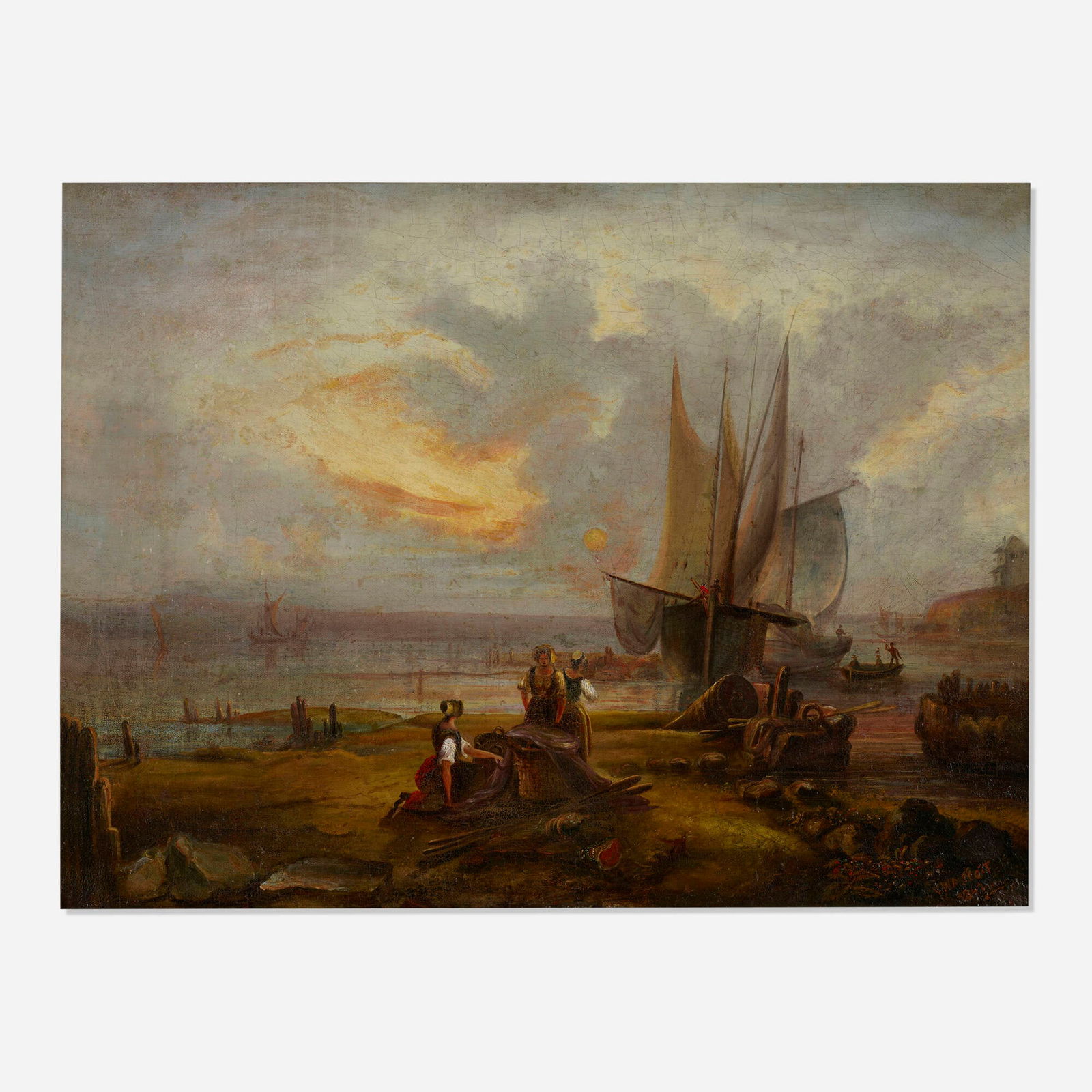 John White Allen Scott, Harbor Scene with Figures: John White Allen Scott Harbor Scene with Figures 1842oil on canvas 19.75 h x 26 w in (50 x 66 cm) Signed and dated to lower right 'J.W.A Scott 1842'. This work will ship fr
