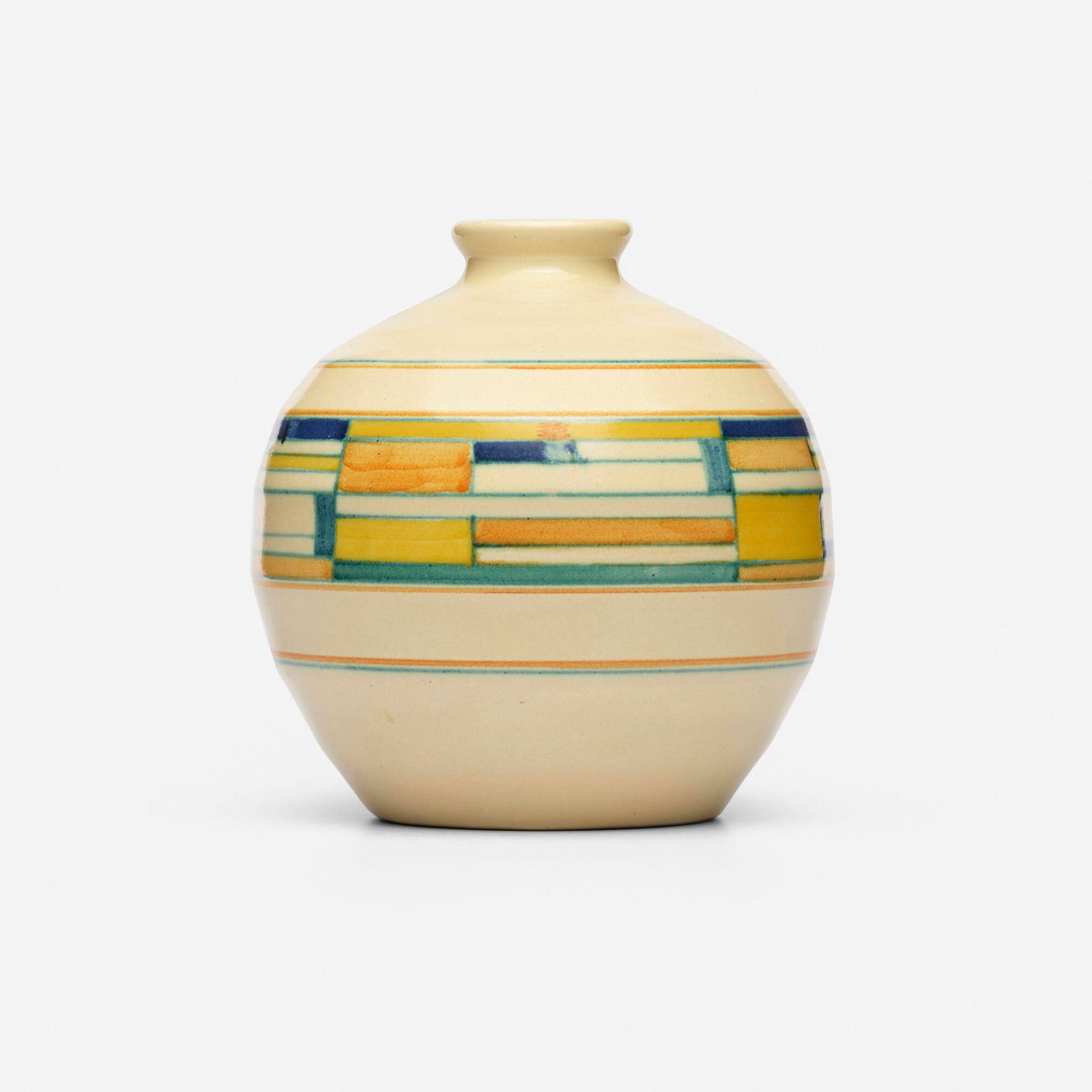 Velsen Pottery, Blokjes vase: Velsen Pottery Blokjes vase Holland, c. 1930glazed earthenware 8 h x 7.5 dia in (20 x 19 cm) Glazed signature and number to underside 'AvE Velsen KTP Holland 07'. Provenance: