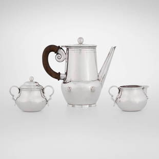 William Spratling, Three-piece tea service: William Spratling Three-piece tea service USA/Mexico, c. 1940-46sterling silver, rosewood 7.125 h x 7.75 w x 3.75 d in (18 x 20 x 10 cm) 3.5 h x 4.375 w x 3 d in (9 x 11 x 8 cm) 23.75 h x 4 w x