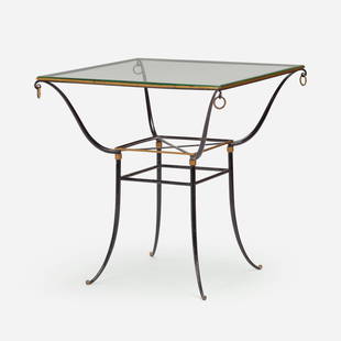 Rene Prou, attribution, Side table: Rene Prou, attribution Side table France, c. 1930enameled steel, glass, gilt metal, brass 28.75 h x 28 w x 28 d in (73 x 71 x 71 cm) Provenance: Ciancimino, London | Private C