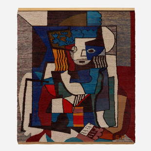 After Pablo Picasso, The Student tapestry: After Pablo Picasso The Student tapestry late 20th centuryhand-woven wool 70.5 h x 62 w in (179 x 157 cm) This tapestry, executed by an unknown artist, is after a 1919 work by Pablo Picasso ti