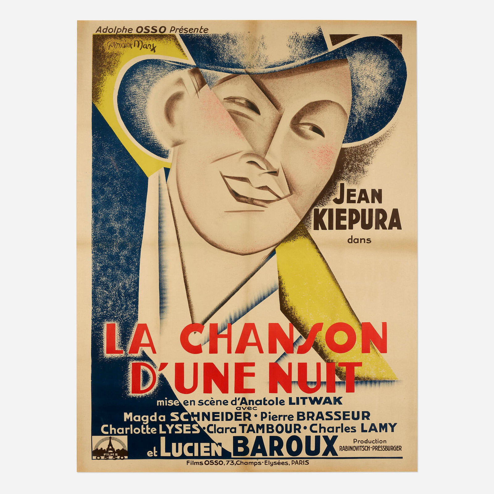 Germaine Marx, La chanson d'une nuit: Germaine Marx La chanson d'une nuit 1933 lithograph in colors image: 60 h x 43 w in (152 x 109 cm) sheet: 62.75 h x 46.5 w in (159 x 118 cm) Printed signature to upper right 'Germaine Marx'.