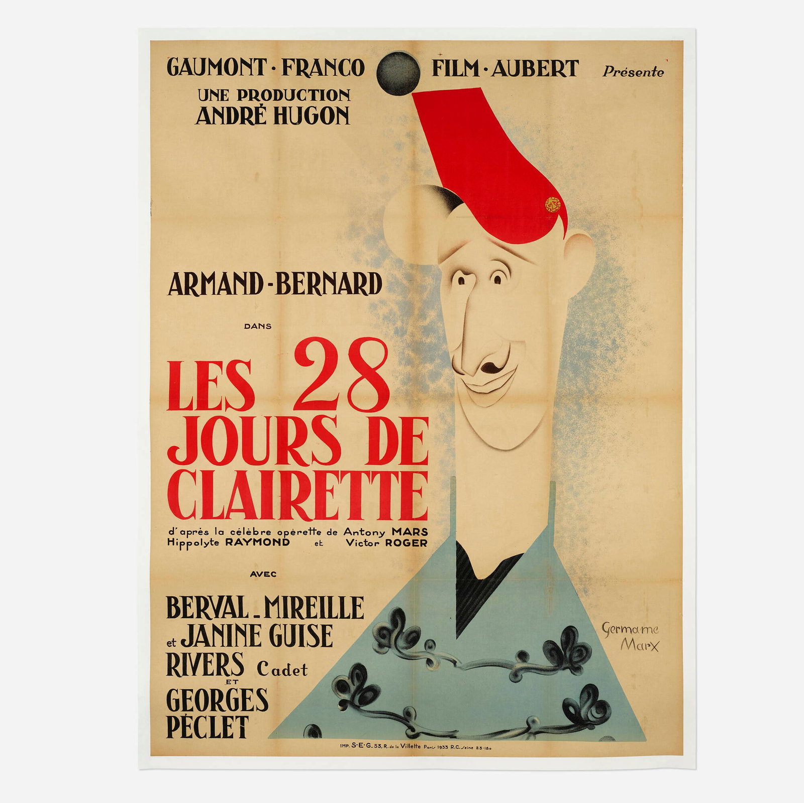 Germaine Marx, Les vingt-huit jours de Clairette: Germaine Marx Les vingt-huit jours de Clairette 1933 lithograph in colors image: 62.875 h x 47 w in (160 x 119 cm) sheet: 65 h x 49.25 w in (165 x 125 cm) Printed signature to lower right 'G