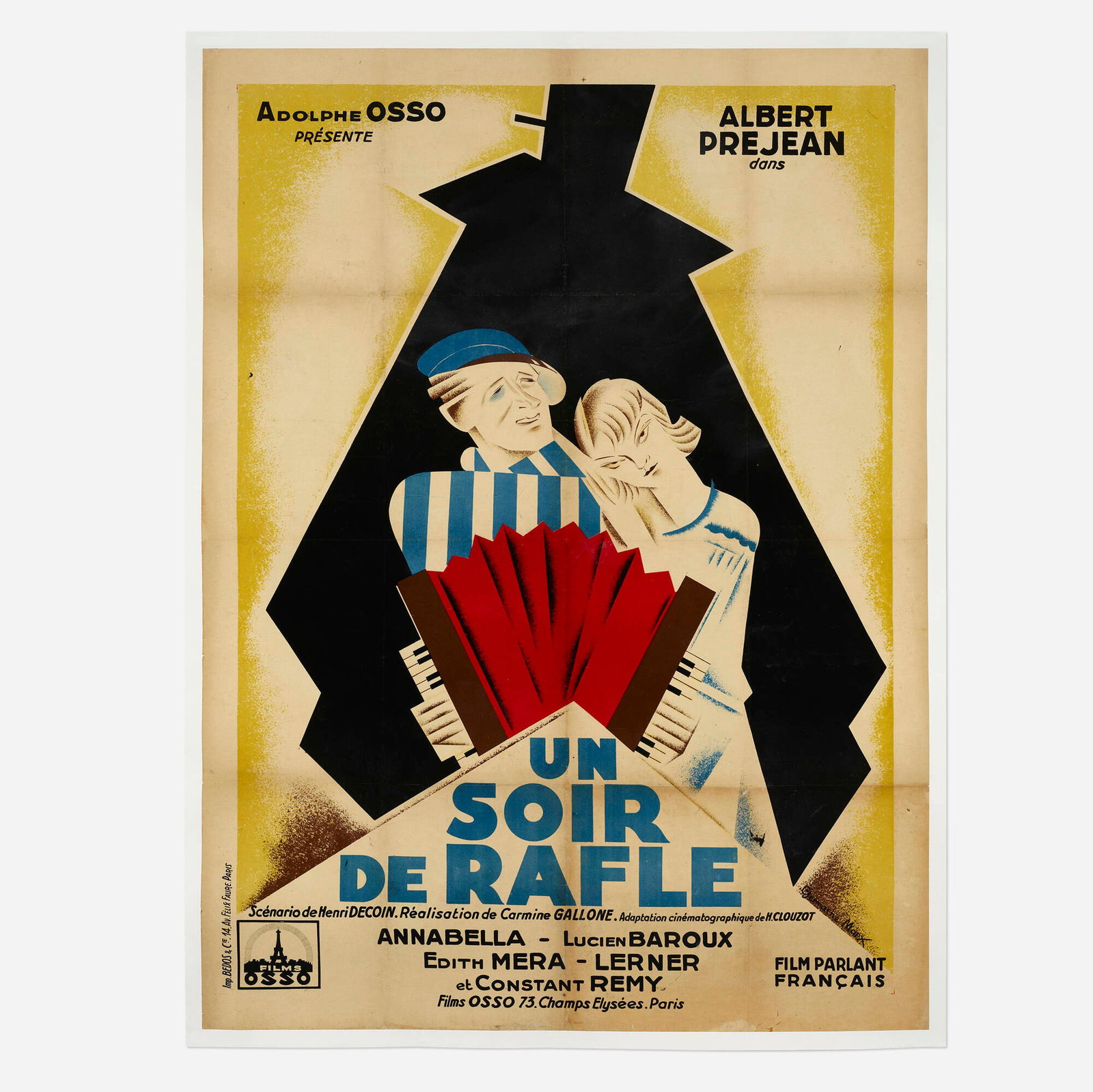 Germaine Marx, Un soir de rafle: Germaine Marx Un soir de rafle 1931 lithograph in colors image: 62.875 h x 46.625 w in (160 x 118 cm) sheet: 65.25 h x 49 w in (166 x 124 cm) Printed signature to lower right 'Germaine Marx'