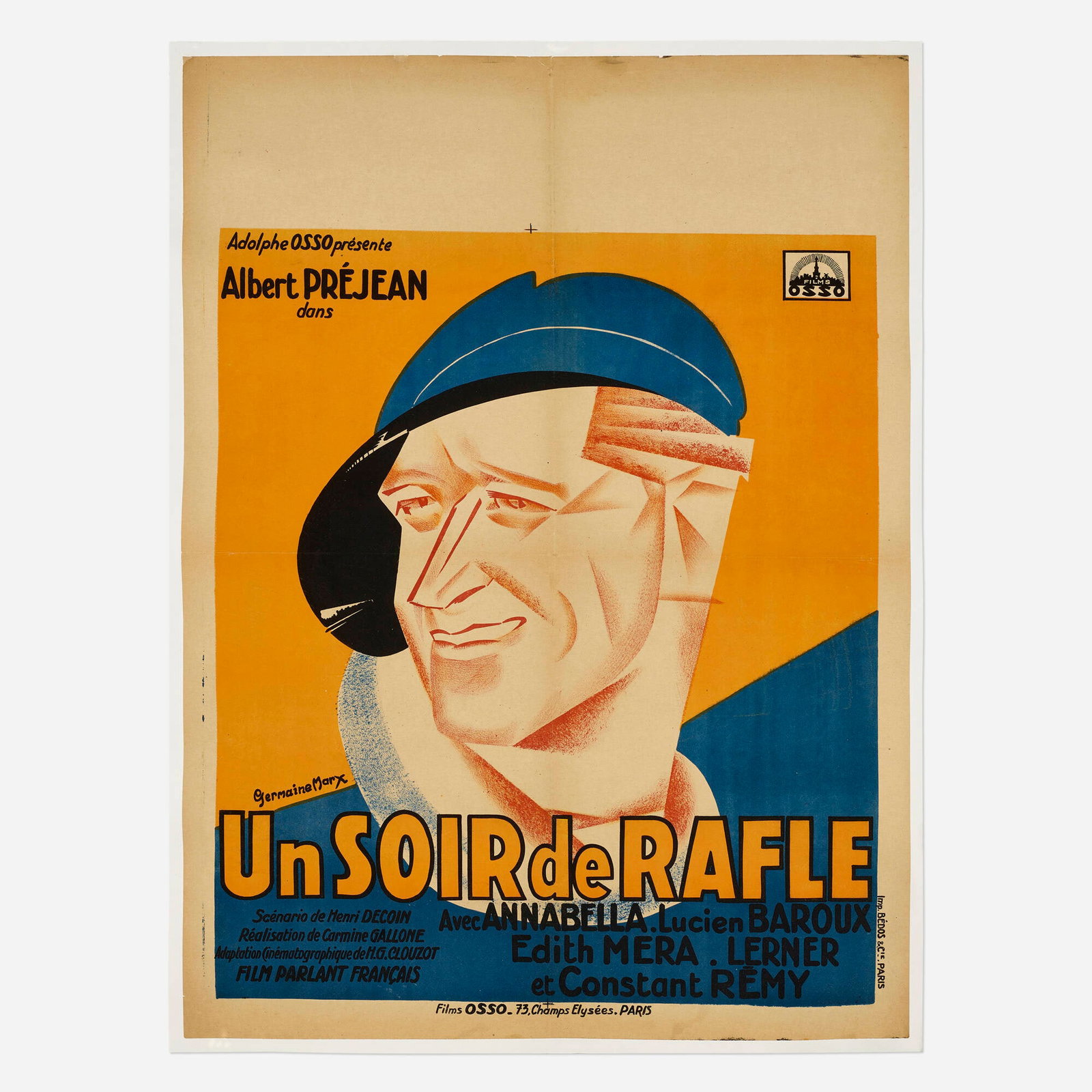 Germaine Marx, Un soir de rafle: Germaine Marx Un soir de rafle 1931 lithograph in colors image: 24.75 h x 22.25 w in (63 x 57 cm) sheet: 22.375 h x 24.25 w in (57 x 62 cm) Printed signature to lower left 'Germaine Marx'. T