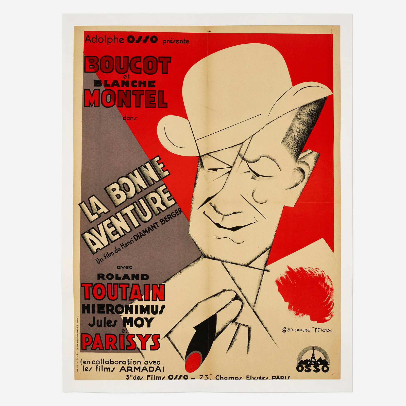 Germaine Marx, La bonne aventure: Germaine Marx La bonne aventure 1932 lithograph in colors image: 30.625 h x 22.25 w in (78 x 57 cm) sheet: 33.25 h x 25.875 w in (84 x 66 cm) Printed signature to lower right 'Germaine Marx'