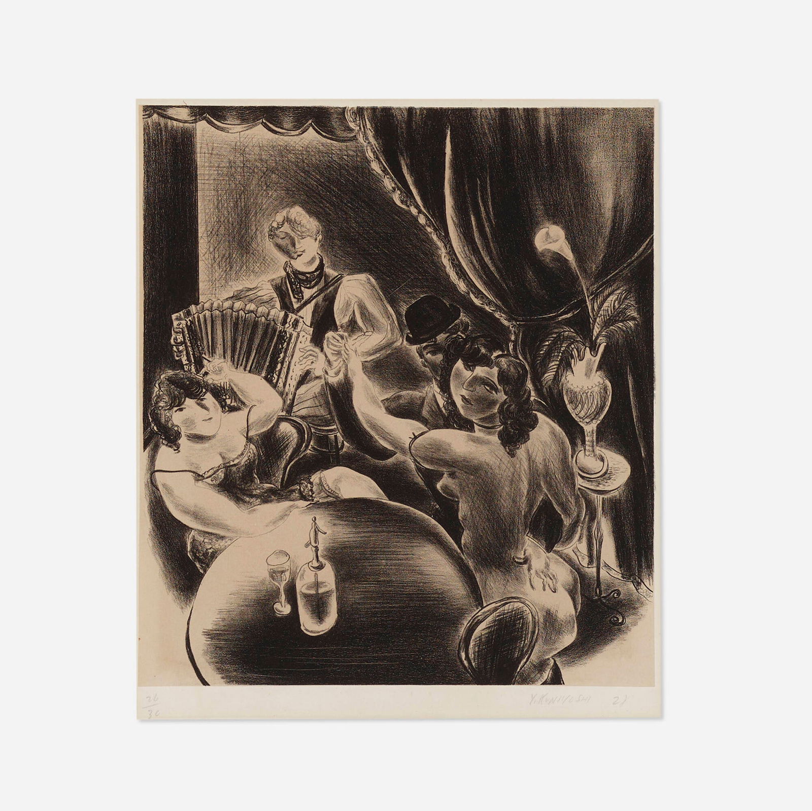 Yasuo Kuniyoshi, Dancing: Yasuo Kuniyoshi Dancing 1928lithograph with Chine-collé image: 11.5 h x 10.125 w in (29 x 26 cm) sheet: 18.75 h x 12.75 w in (48 x 32 cm) Signed and numbered to lower margin '26/30 Y. Kuniy