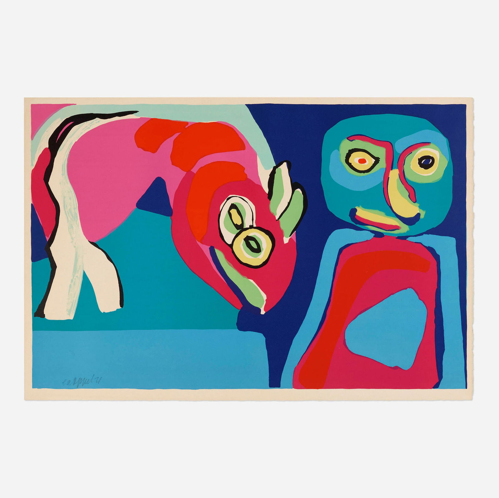 Karel Appel, Child with Pretend Animal: Karel Appel Child with Pretend Animal 1971screenprint in colors image: 26 h x 40 w in (66 x 102 cm) sheet: 27.875 h x 41.25 w in (71 x 105 cm) Signed and dated to lower left 'EA Appel 71'.