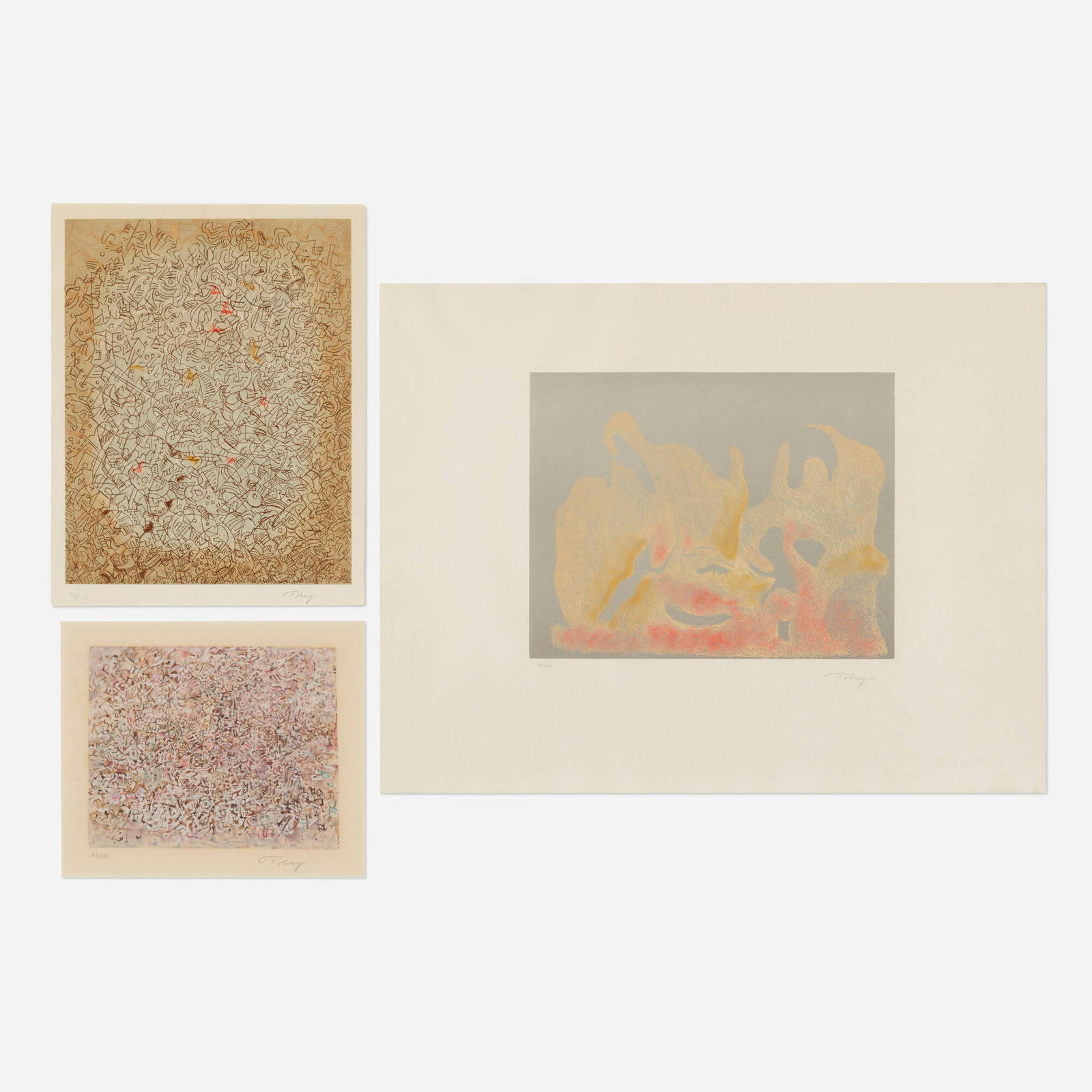 Mark Tobey, Three works from the Homage to Tobey portfolio: Mark Tobey Three works from the Homage to Tobey portfolio 1974etching in colors on BFK Rives; lithograph in colors sight: 19.5 h x 25.5 w in (50 x 65 cm) 15 h x 11.75 w in (38 x 30 cm) 9.5 h x