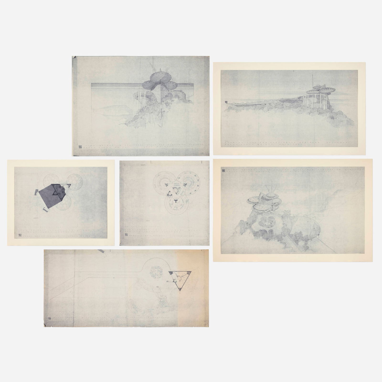 Frank Lloyd Wright and Lloyd Wright, Architectural prints, Runyon Canyon Park (six works): Frank Lloyd Wright and Lloyd Wright Architectural prints for the Sports Club and Play Resort for Huntington Hartford, Runyon Canyon Park, California (six works) c. 1947blueline print largest: 34.25 h