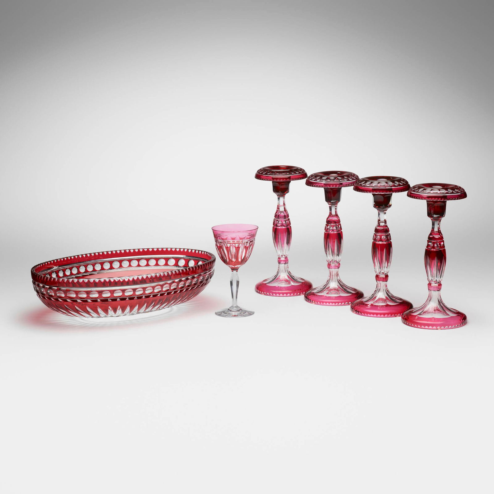 Val Saint-Lambert, Collection of tableware: Val Saint-Lambert Collection of tableware Belgium, c. 1925hand-cut cranberry and clear crystal tallest: 10.625 h x 5.125 dia in (27 x 13 cm) shortest: 4.125 h x 15.75 w x 10.625 d in (10 x 40 x 27