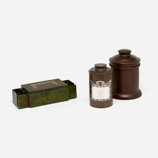 Heintz Art Metal Shop, Collection of three tabletop accessories: Heintz Art Metal Shop Collection of three tabletop accessories USA, c. 1917patinated bronze, sterling silver, cedar lining 7.25 h x 5.375 dia in (18 x 14 cm) 6 h x 3.5 dia in (15 x 9 cm) 2.5 h