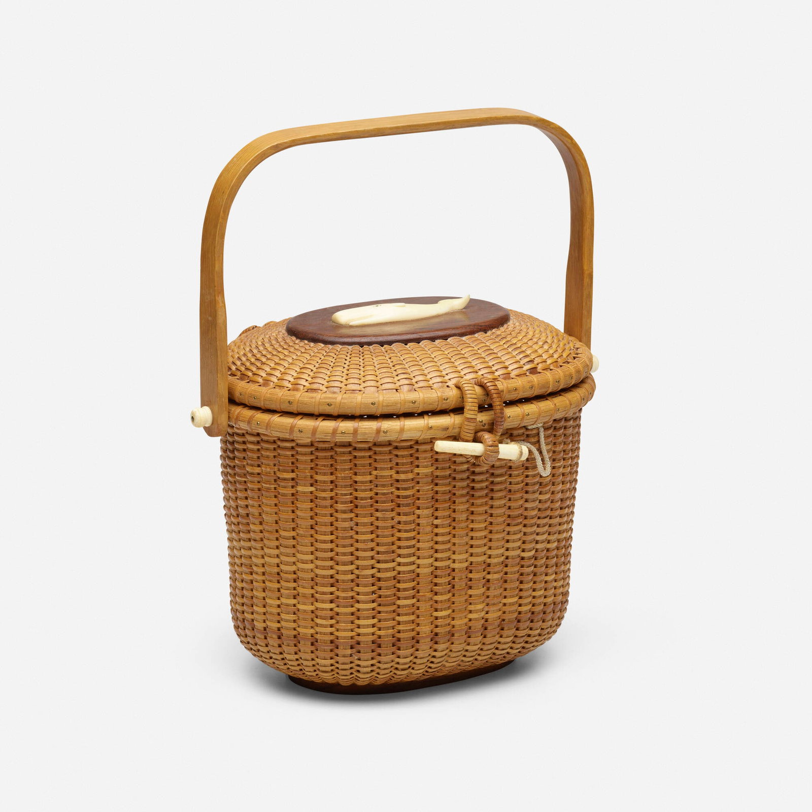 Stanley Roop, Nantucket friendship basket: Stanley Roop Nantucket friendship basket USA, 1964 rattan, wood, bone 10.5 h x 8.5 w x 6.5 d in (27 x 22 x 17 cm) Carved signature and date to underside 'Stanley M. Roop 1964 Nantucket, Mass.'.