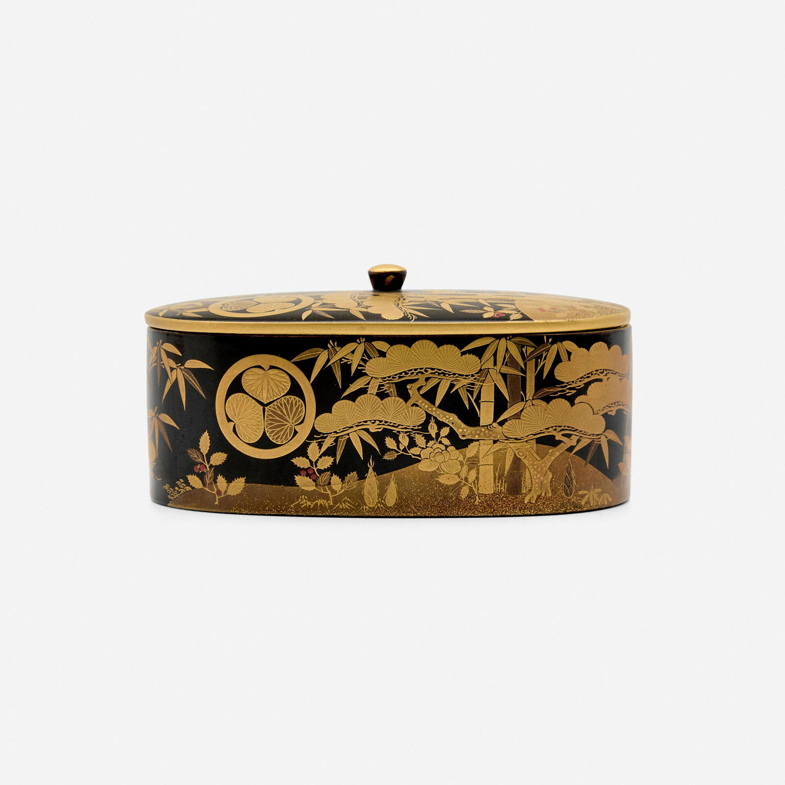Japanese, Lacquerware lidded box with bamboos, Japanese pines and peonies (1 of 3)