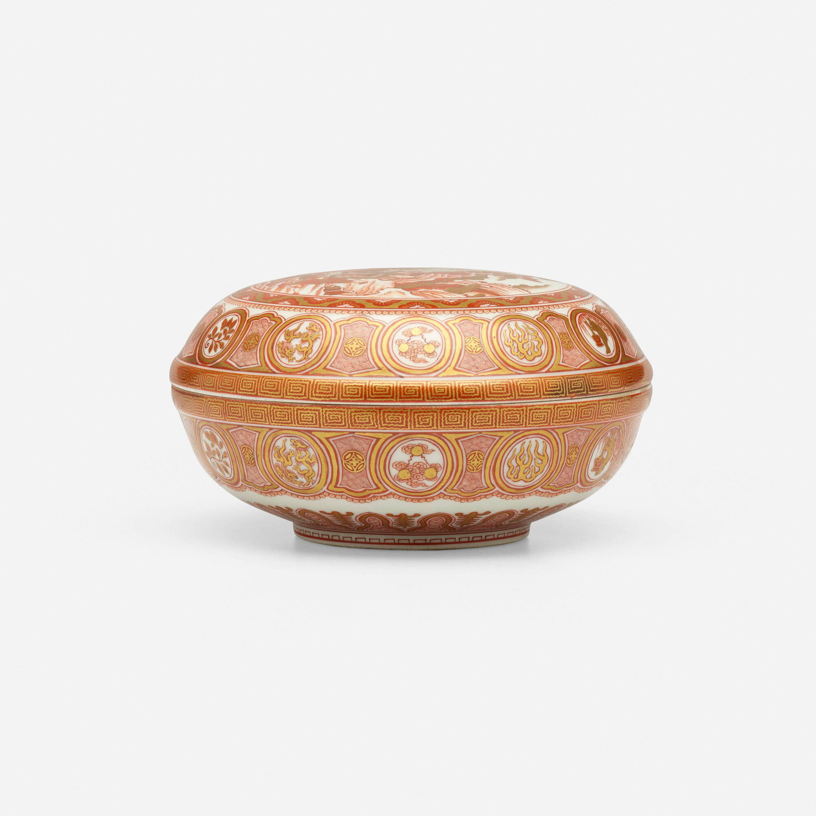 Japanese, Kutani covered box: Japanese Kutani covered box 20th century glazed and gilt porcelain 4 h x 7.25 dia in (10 x 18 cm) Glazed mark to underside. This work will ship from Lambertville, New Jersey