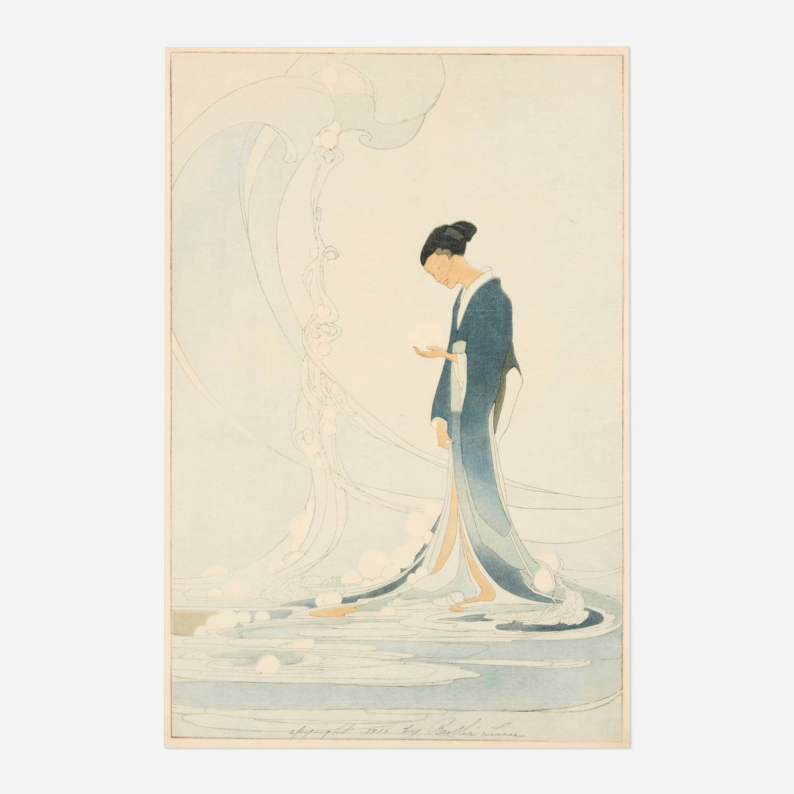 Bertha Lum, Spirit of the Sea: Bertha Lum Spirit of the Sea 1916 woodcut in colors image: 16.875 h x 11.125 w in (43 x 28 cm) sheet: 17.5 h x 11.375 w in (44 x 29 cm) Signed and dated to lower edge 'copyright 1916 by Bert