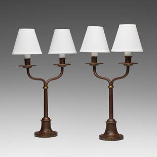 Samuel Yellin, Table lamps, pair: Samuel Yellin Table lamps, pair USA, c. 1920wrought iron, brass 18.5 h x 11.25 w x 4.75 d in (47 x 29 x 12 cm) Impressed signature to base of each example 'Samuel Yellin Phila, PA'.