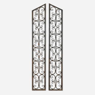 Samuel Yellin, Window grilles, pair: Samuel Yellin Window grilles, pair USA, c. 1925wrought iron 66.5 h x 21.5 w x 0.5 d in (169 x 55 x 1 cm) Toomey & Co. Auctioneers would like to thank Clare Yellin for her assistance in catalog