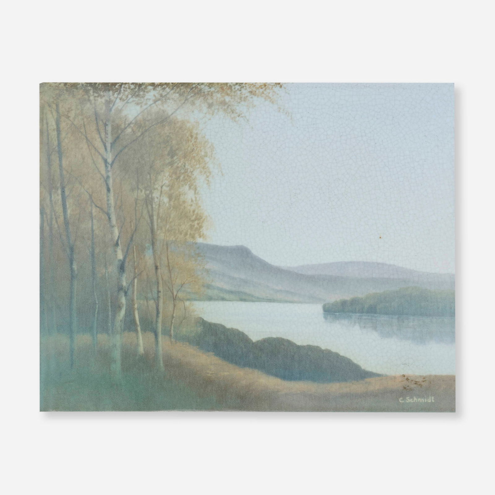 Carl Schmidt for Rookwood Pottery, Mountainous Landscape with Birch Trees and a Lake (Vellum plaque) (1 of 3)