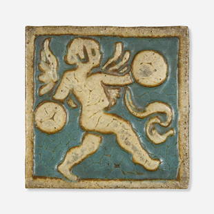 Grueby Faience Company, Cupid with Cymbals tile, model 664: Grueby Faience Company Cupid with Cymbals tile, model 664 USA, c. 1910glazed earthenware 5.75 h x 5.875 w x 0.875 d in (15 x 15 x 2 cm) Partial paper manufacturer's label to upper edge 'Grueby