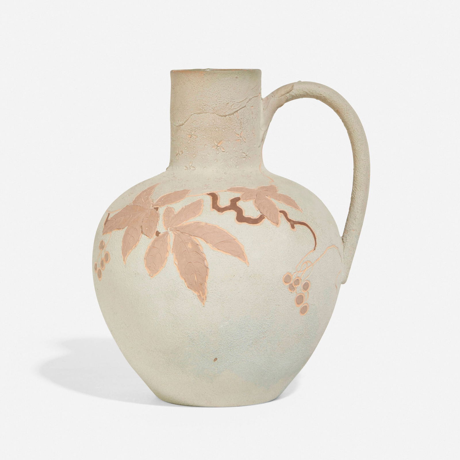 Albert R. Valentien for Rookwood Pottery, Dull Finish pitcher: Albert R. Valentien for Rookwood Pottery Dull Finish pitcher with woodbine leaves and berries (after Ernest Chaplet) USA, 1884carved and glazed earthenware 8.375 h x 6.875 w x 6.375 d in (21 x 17 x 1