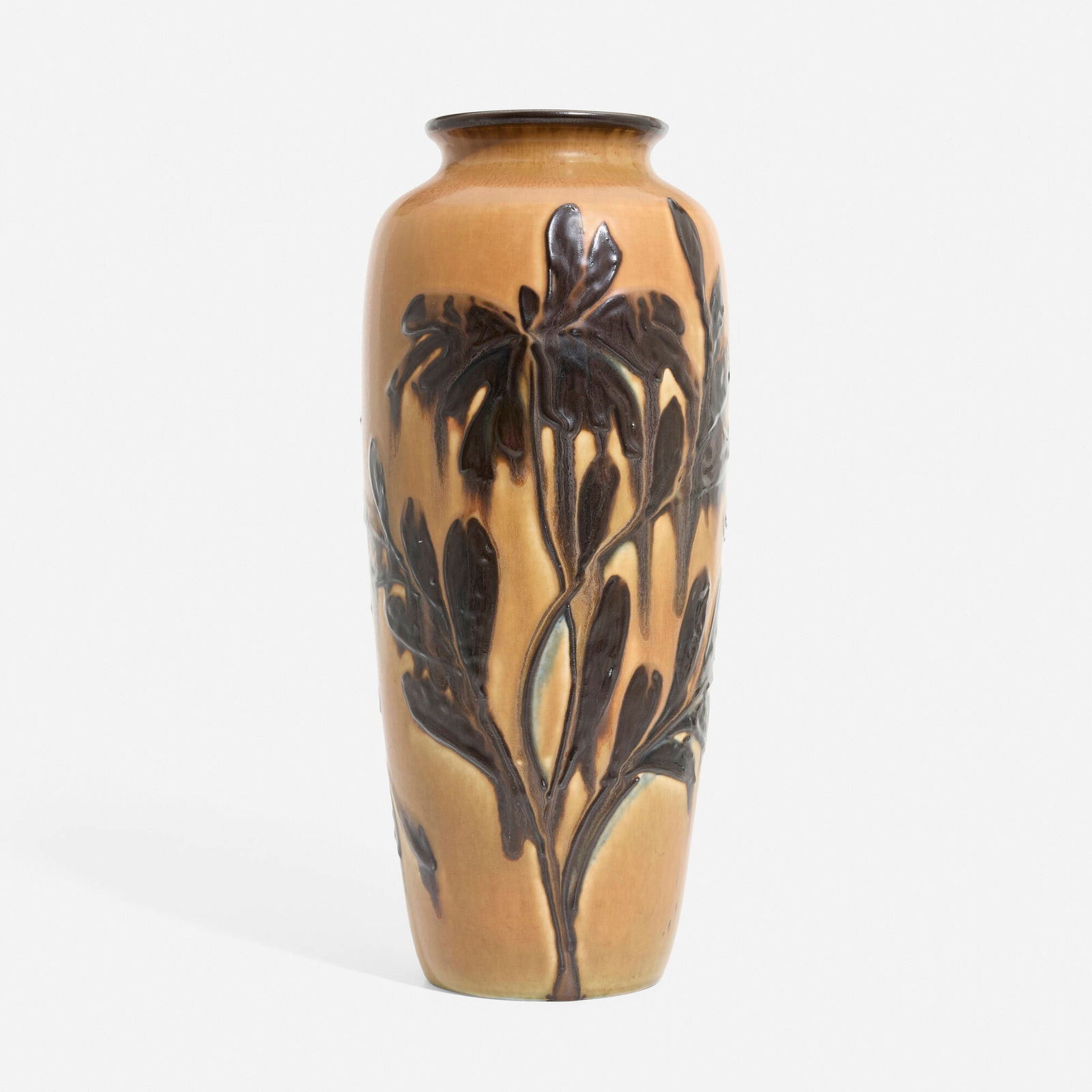 Elizabeth Barrett for Rookwood Pottery, Tall Later Mat/Mat Moderne vase with stylized leaves: Elizabeth Barrett for Rookwood Pottery Tall Later Mat/Mat Moderne vase with stylized leaves USA, 1931glazed porcelain with squeeze-bag decoration 13.75 h x 5.5 dia in (35 x 14 cm) Impressed ma