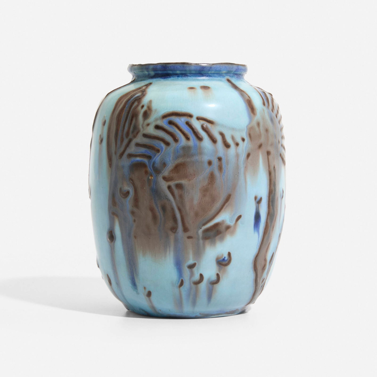 Elizabeth Barrett for Rookwood Pottery, Wax Mat vase with fish and seaweed: Elizabeth Barrett for Rookwood Pottery Wax Mat vase with fish and seaweed USA, 1943glazed porcelain 4.875 h x 3.625 dia in (12 x 9 cm) Impressed manufacturer's mark, date and number to undersi